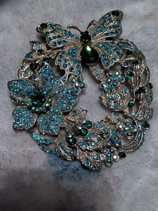 Vintage Blue & Green Crystal Butterfly Wreath Brooch 4''X3''