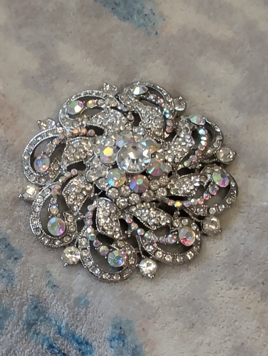 Vintage Silver Crystal Floral Statement Brooch - Aurora Borealis Rhinestones 3"