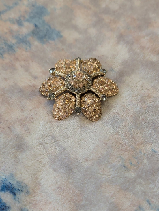 Vintage Grey & peach Crystal Rhinestone Flower Brooch High End Gold Plate 2''
