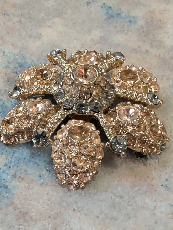 Vintage Grey & peach Crystal Rhinestone Flower Brooch High End Gold Plate 2''