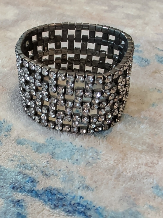 Art Deco Monet Crystal Bracelet - Vintage Gunmetal Rhinestone Expandable Cuff 3"