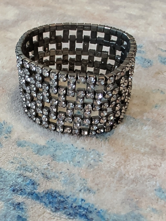 Art Deco Monet Crystal Bracelet - Vintage Gunmetal Rhinestone Expandable Cuff 3"