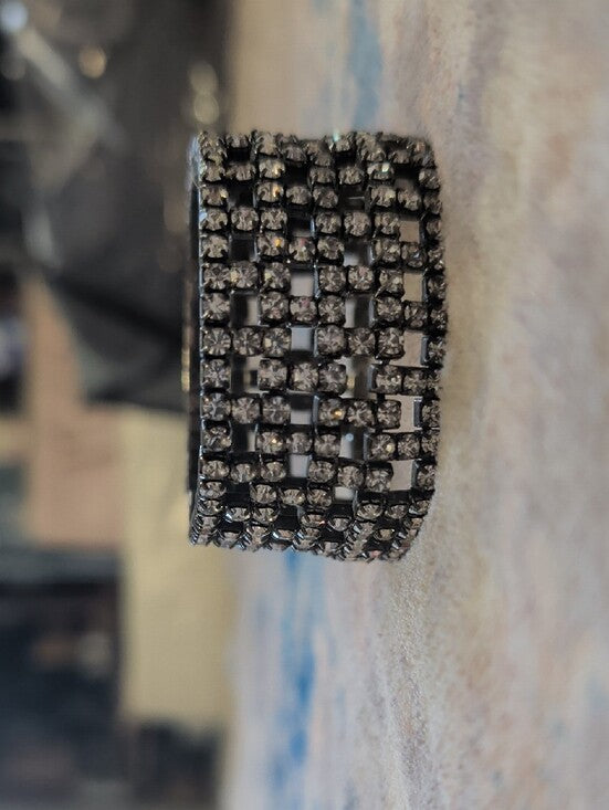 Art Deco Monet Crystal Bracelet - Vintage Gunmetal Rhinestone Expandable Cuff 3"