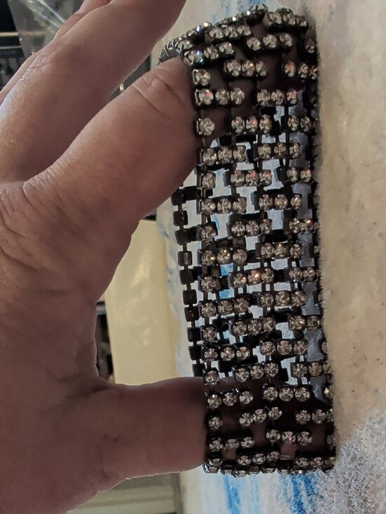 Art Deco Monet Crystal Bracelet - Vintage Gunmetal Rhinestone Expandable Cuff 3"