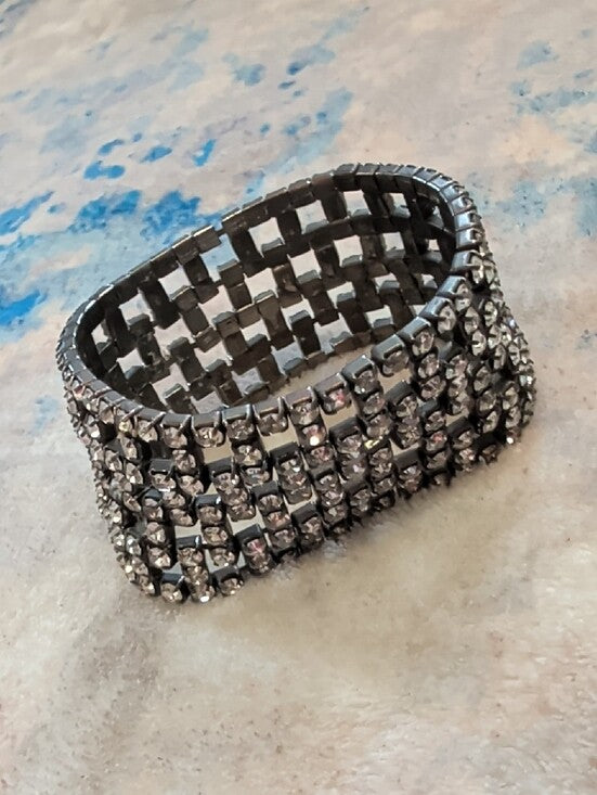 Art Deco Monet Crystal Bracelet - Vintage Gunmetal Rhinestone Expandable Cuff 3"