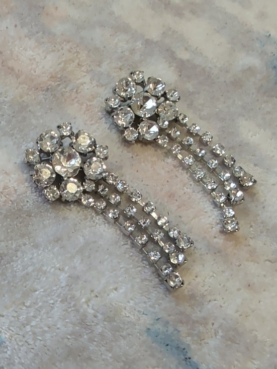 (2) Vintage Crystal Cascade Drop Pins- Silver Clear 2'' Mint Condition