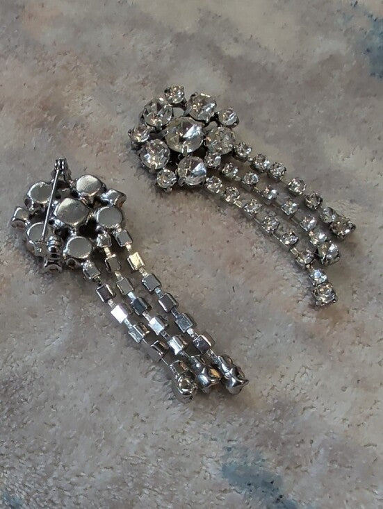 (2) Vintage Crystal Cascade Drop Pins- Silver Clear 2'' Mint Condition