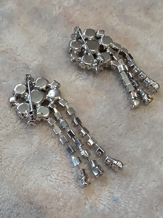 (2) Vintage Crystal Cascade Drop Pins- Silver Clear 2'' Mint Condition