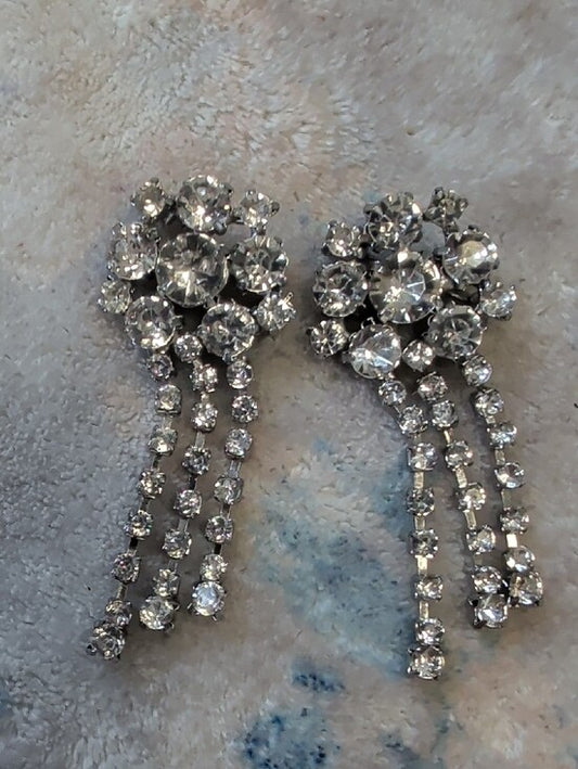 (2) Vintage Crystal Cascade Drop Pins- Silver Clear 2'' Mint Condition