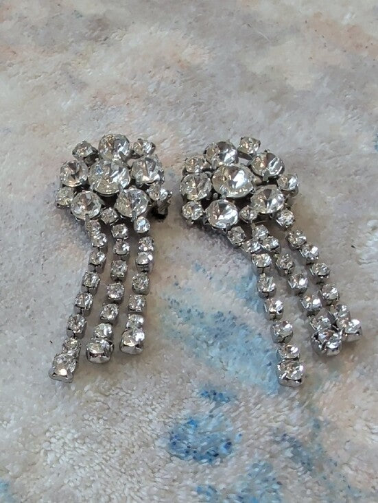 (2) Vintage Crystal Cascade Drop Pins- Silver Clear 2'' Mint Condition