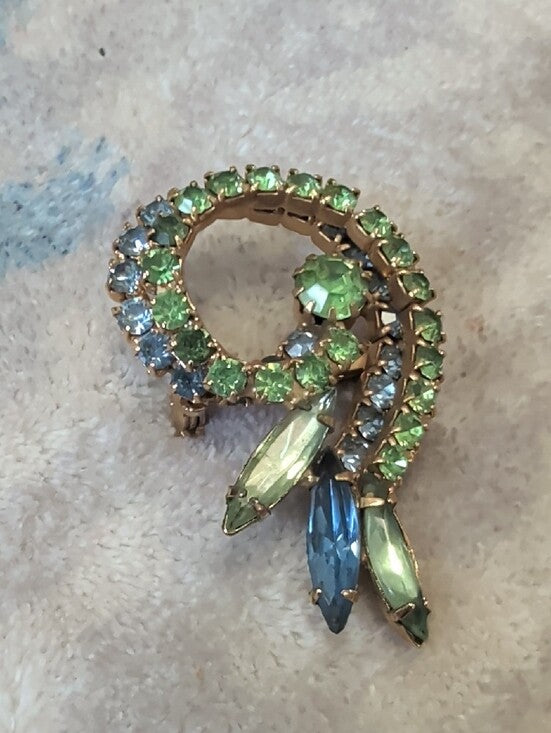 Vintage Weiss Green Rhinestone Uranium Glass Brooch Costume Jewelry 1.5"