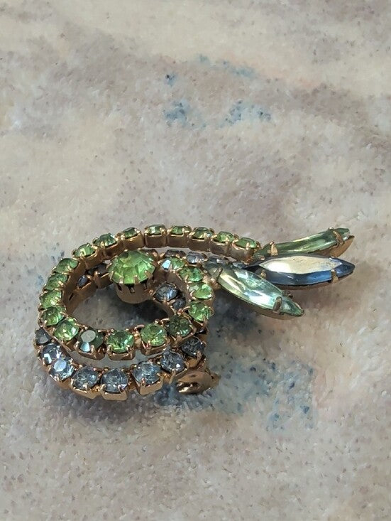 Vintage Weiss Green Rhinestone Uranium Glass Brooch Costume Jewelry 1.5"