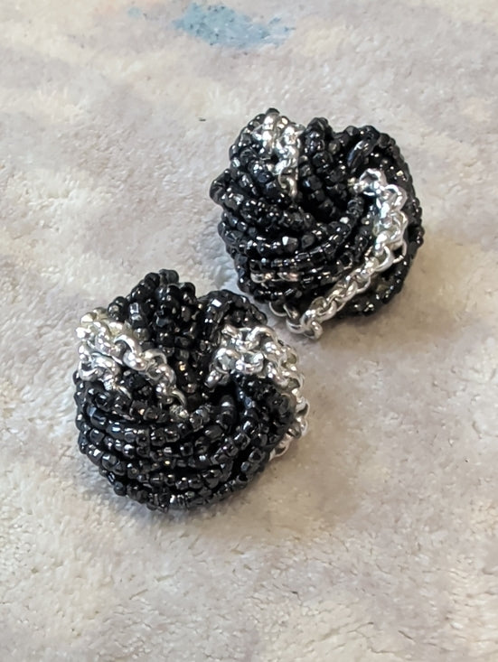 Vintage Black and Silver Beaded Knot Clip-On Earrings Retro Costume Jewelry 1"