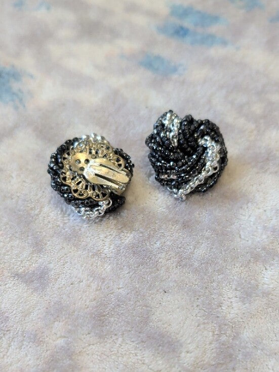 Vintage Black and Silver Beaded Knot Clip-On Earrings Retro Costume Jewelry 1"