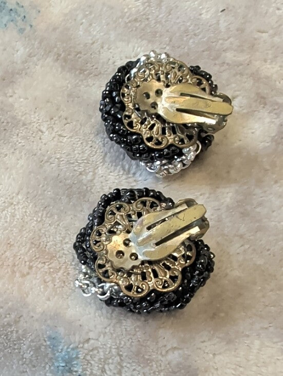 Vintage Black and Silver Beaded Knot Clip-On Earrings Retro Costume Jewelry 1"