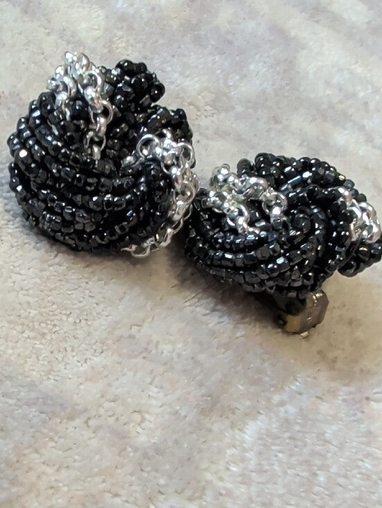 Vintage Black and Silver Beaded Knot Clip-On Earrings Retro Costume Jewelry 1"
