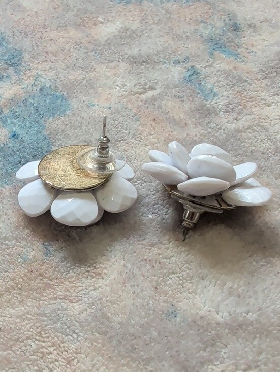 Vintage White Floral Statement Earrings with Crystal Center Retro 1"