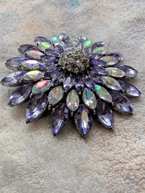 Vintage Purple Crystal Floral Brooch Pin - Premium Costume Jewelry 2"