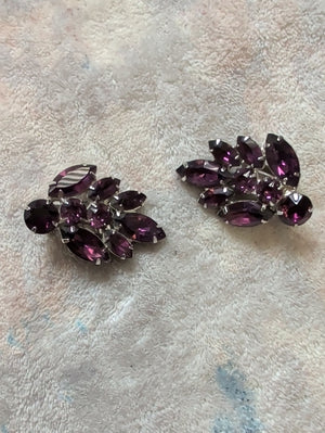 Vintage Purple Crystal Leaf Cluster Clip-On Earrings - Costume Jewelry Stamped
