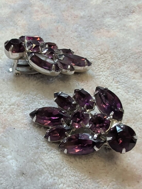 Vintage Purple Crystal Leaf Cluster Clip-On Earrings - Costume Jewelry Stamped