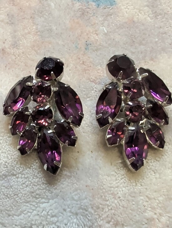 Vintage Purple Crystal Leaf Cluster Clip-On Earrings - Costume Jewelry Stamped
