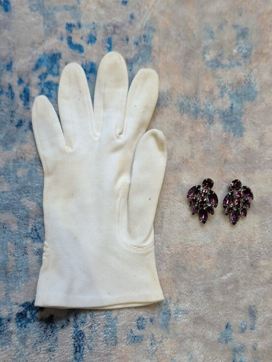 Vintage Purple Crystal Leaf Cluster Clip-On Earrings - Costume Jewelry Stamped
