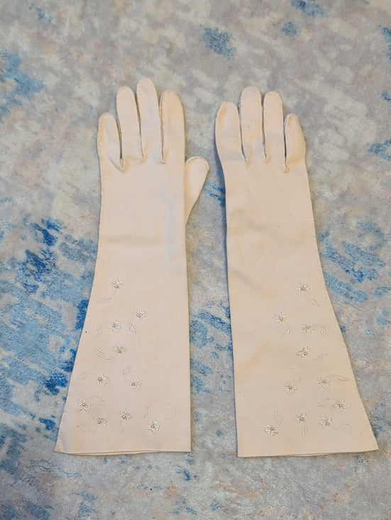 Vintage Women's Long Embroidered Evening Gloves - Cream
