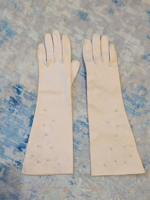 Vintage Women's Long Embroidered Evening Gloves - Cream