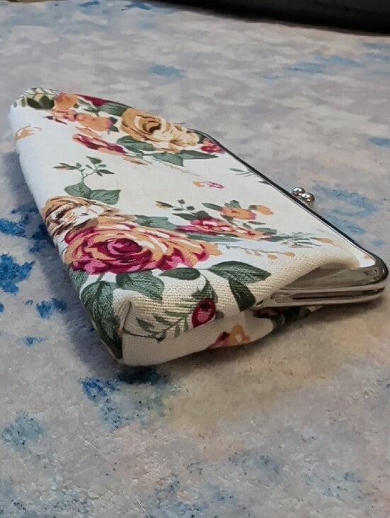 Vintage Floral Clasp Wallet Clutch in Cream with Pink & Yellow Roses Retro