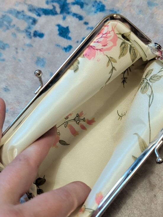 Vintage Floral Clasp Wallet Clutch in Cream with Pink & Yellow Roses Retro