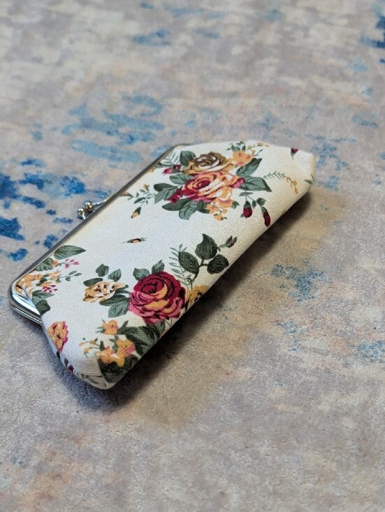 Vintage Floral Clasp Wallet Clutch in Cream with Pink & Yellow Roses Retro