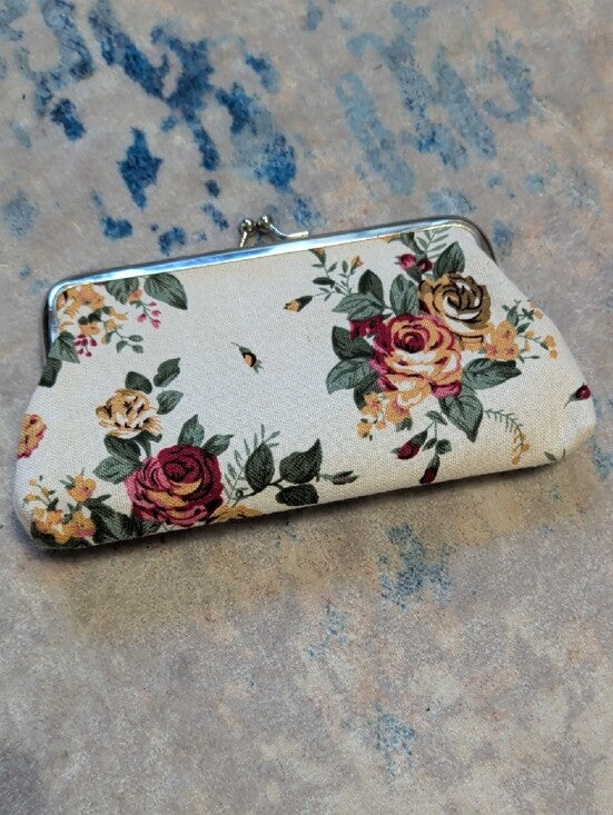 Vintage Floral Clasp Wallet Clutch in Cream with Pink & Yellow Roses Retro