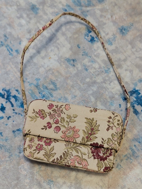 Vintage Floral Needlepoint Small Shoulder Bag - Beige Pink Classic Handbag