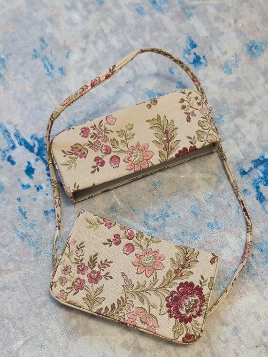Vintage Floral Needlepoint Small Shoulder Bag - Beige Pink Classic Handbag
