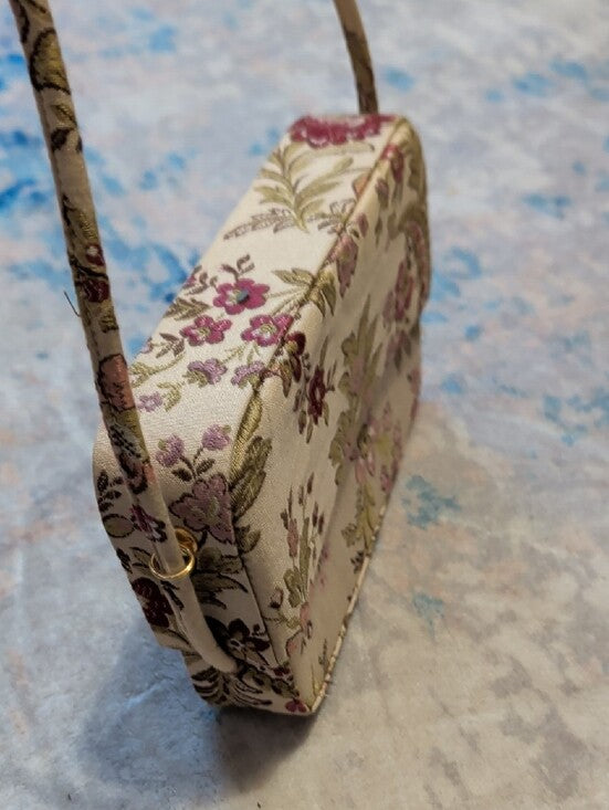 Vintage Floral Needlepoint Small Shoulder Bag - Beige Pink Classic Handbag