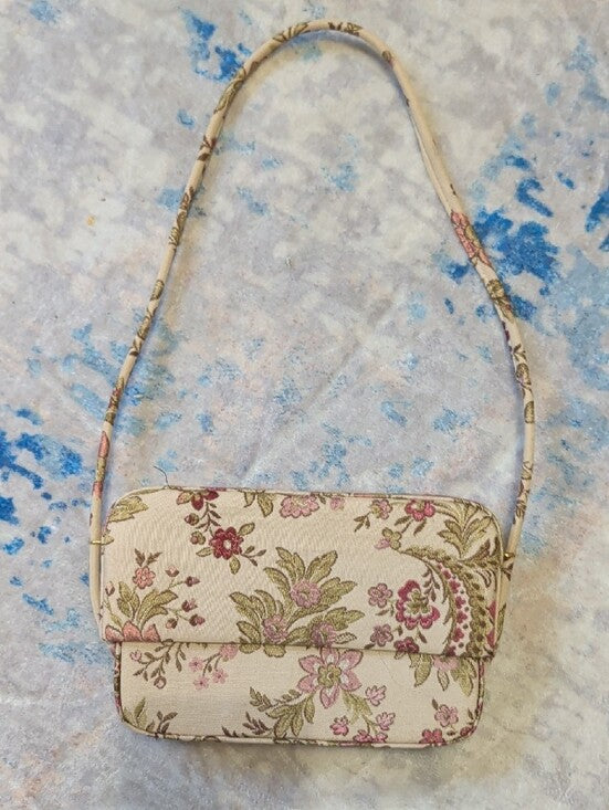 Vintage Floral Needlepoint Small Shoulder Bag - Beige Pink Classic Handbag