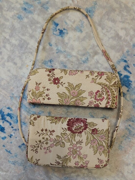 Vintage Floral Needlepoint Small Shoulder Bag - Beige Pink Classic Handbag