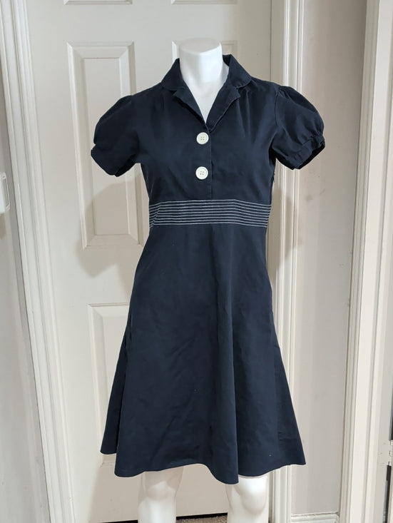 Vintage HK Navy A-Line Dress with White Button Detail Retro Women's Large