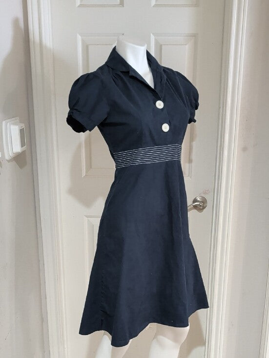 Vintage HK Navy A-Line Dress with White Button Detail Retro Women's Large