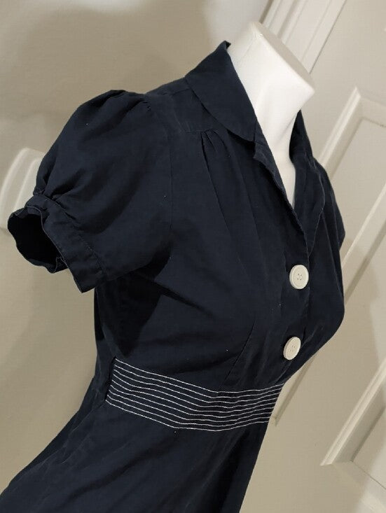 Vintage HK Navy A-Line Dress with White Button Detail Retro Women's Large