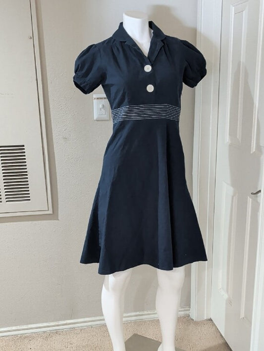 Vintage HK Navy A-Line Dress with White Button Detail Retro Women's Large