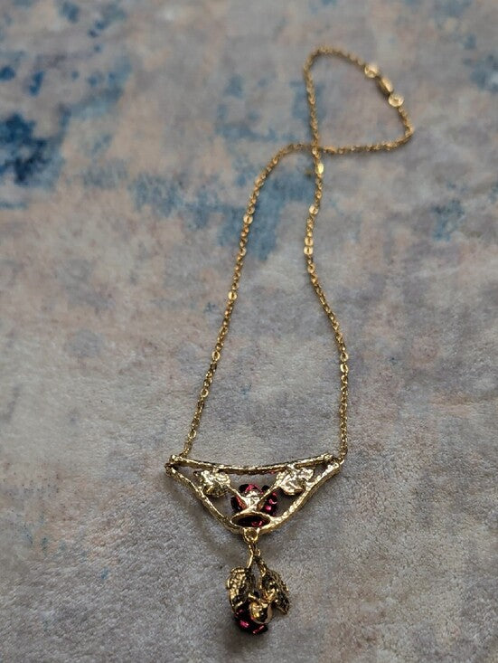 VTG High Quality Gold Tone Necklace with Red Rose Accents - 10" Costume Jewelry