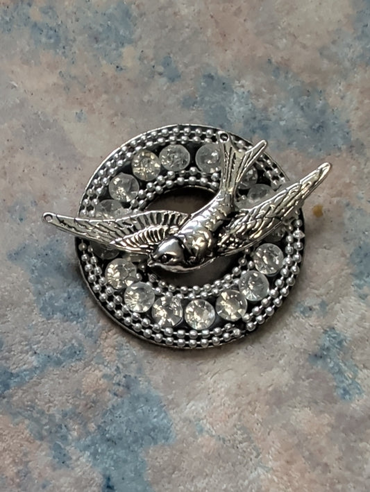 Vintage Silver Bird Decorative Pendant w/ Clear Crystal Accents Costume Jewelry