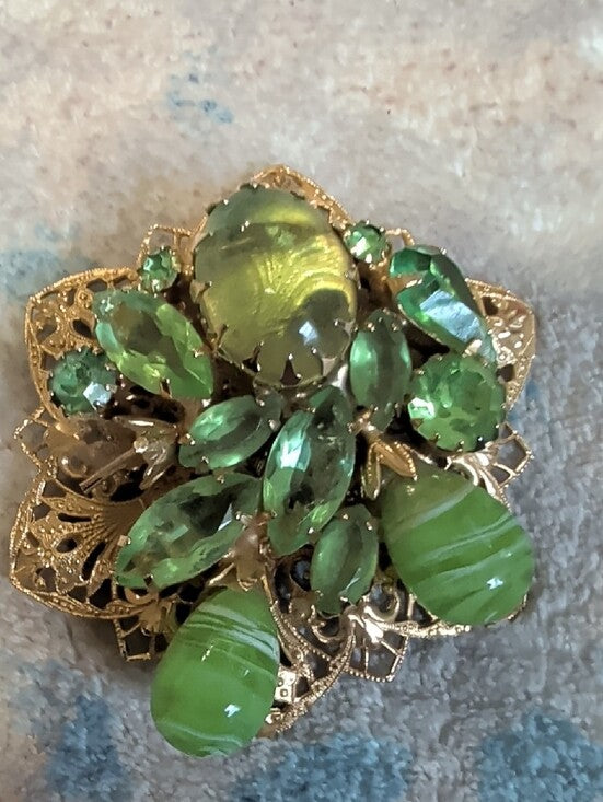 Vintage Gold-Tone Green Crystal Floral Brooch 2" & Earrings Set Costume Jewelry