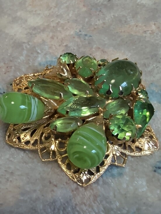 Vintage Gold-Tone Green Crystal Floral Brooch 2" & Earrings Set Costume Jewelry