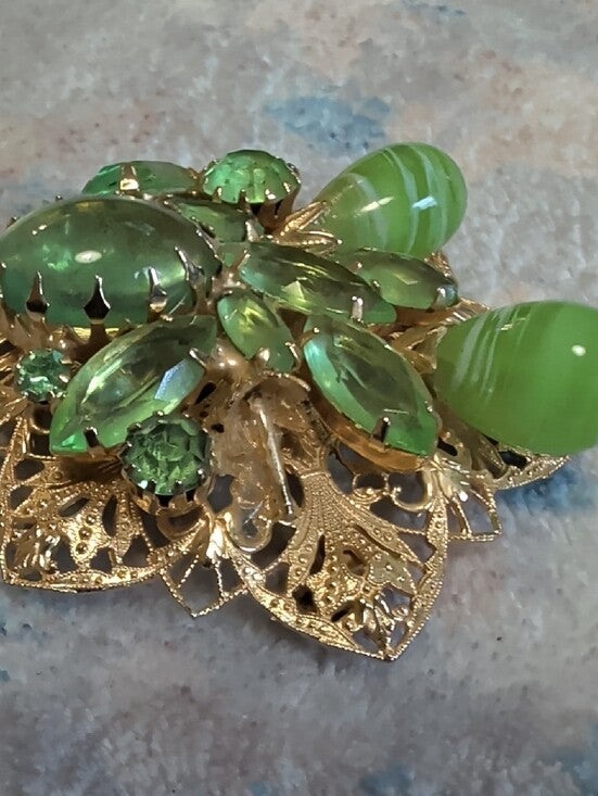 Vintage Gold-Tone Green Crystal Floral Brooch 2" & Earrings Set Costume Jewelry