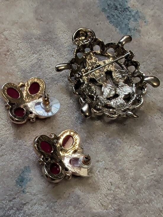 Vintage Pink Gemstone Turtle Brooch & Floral Earrings Set Costume Jewelry Retro