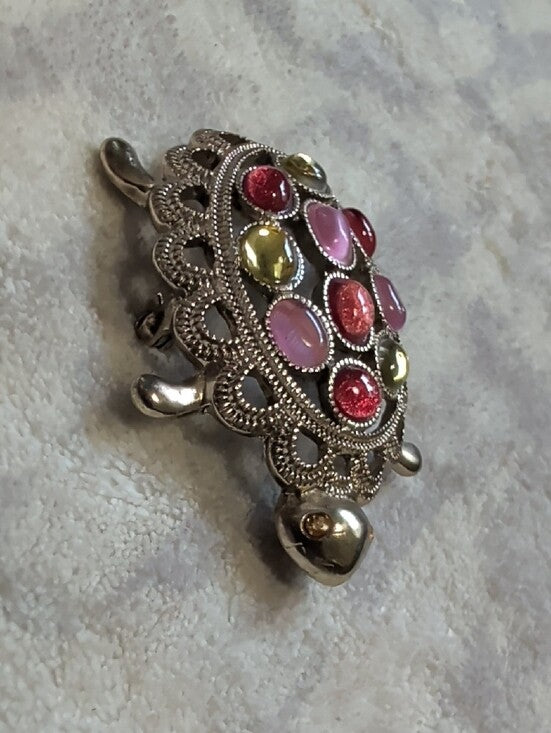 Vintage Pink Gemstone Turtle Brooch & Floral Earrings Set Costume Jewelry Retro