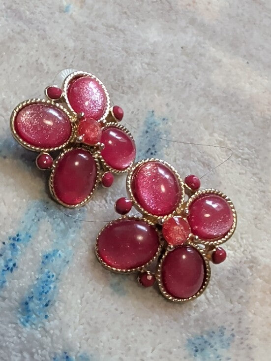 Vintage Pink Gemstone Turtle Brooch & Floral Earrings Set Costume Jewelry Retro