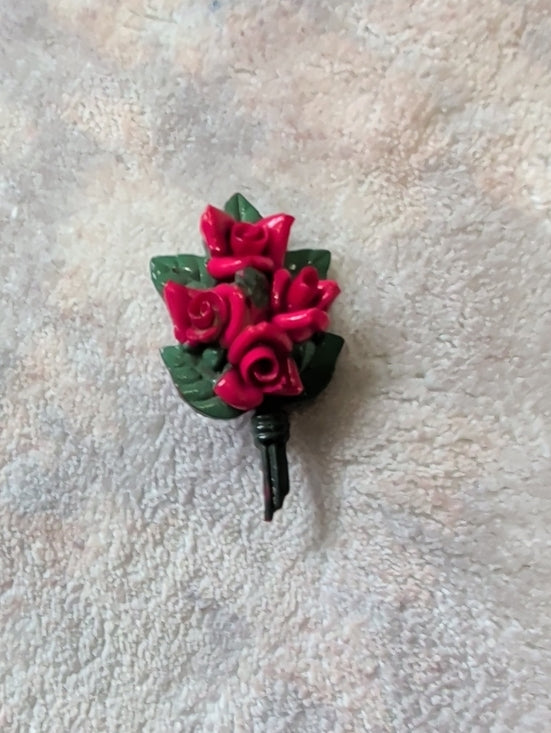 VTG Japan Rose Flower Bouquet Red Pink Green Celluloid Brooch Pin Floral Jewelry 1940's
